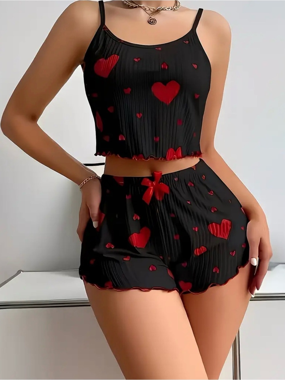 Black & Red Heart Sleep Set - Two Piece Pajama Shorts & Tank